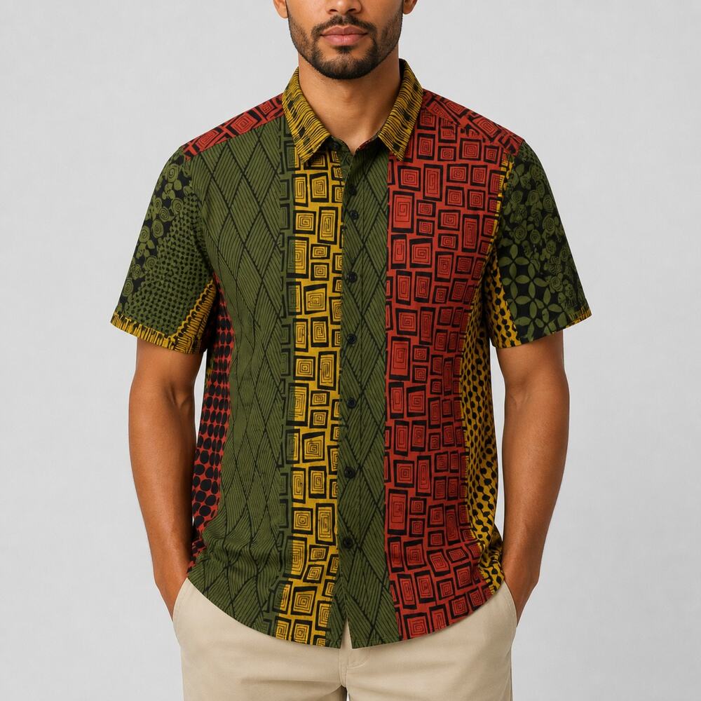 VatPave Shirt Mens Large Yellow Green Red Short Sleeve Cotton Regular Fit